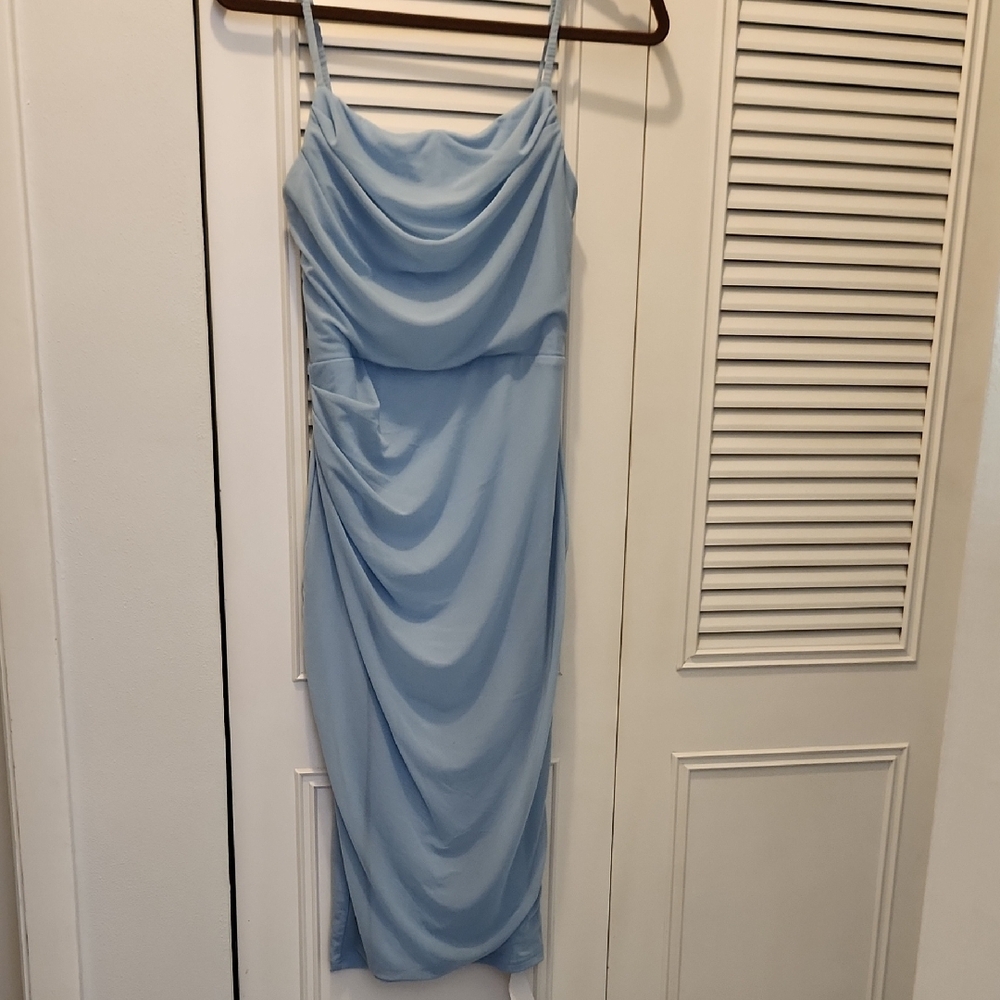 NWT Elegant Blue Ruched Asymmetrical Midi Dress